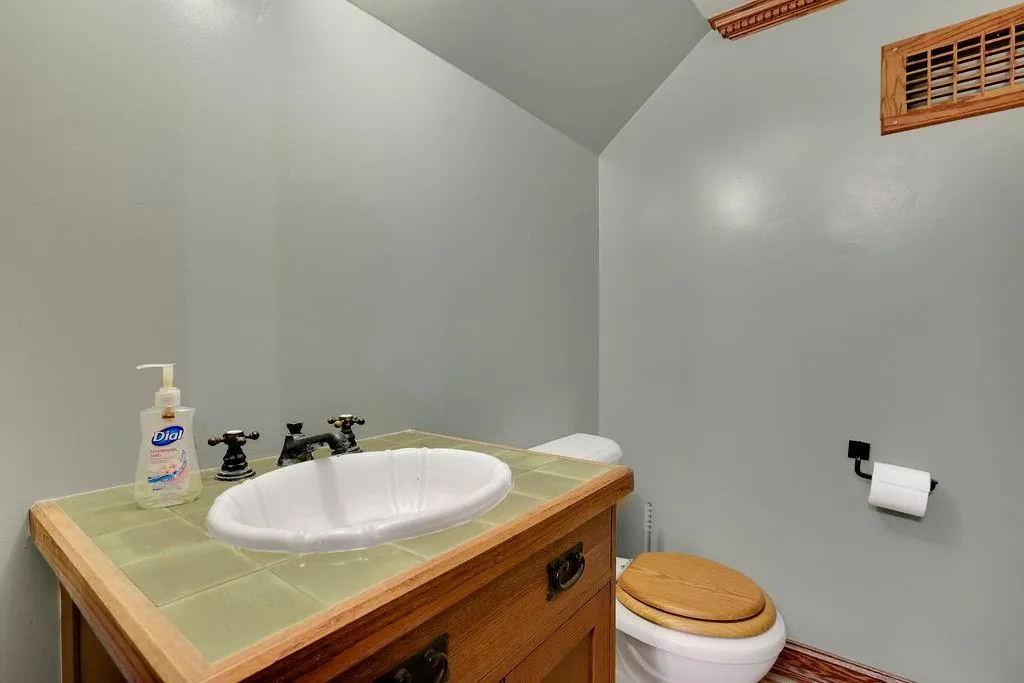 Bathroom with vaulted ceiling, vanity, and toilet