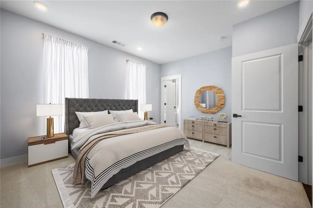 Bedroom featuring light carpet, recessed lighting, visible vents, and baseboards