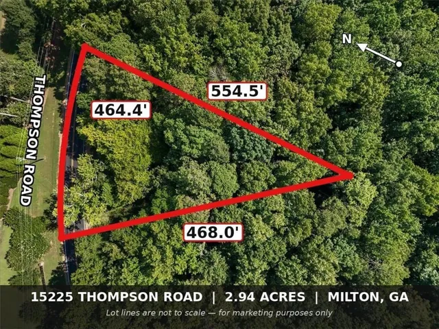 Aerial Property Image. Illustrating the property boundaries and dimensions for 15225 Thompson Road, Milton, GA, with a total area of 2.94 acres