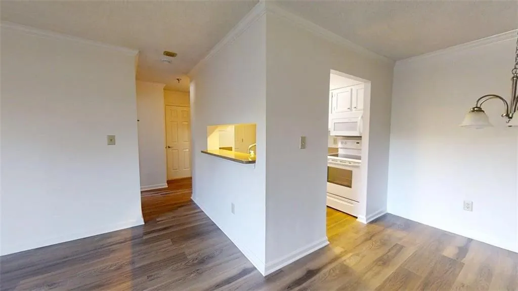 Spare room with ornamental molding and dark wood-style flooring