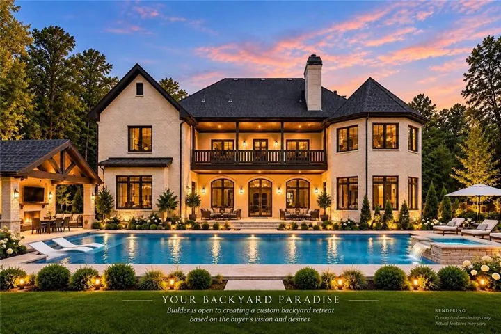 Expansive backyard featuring a large swimming pool, integrated spa, and a covered outdoor living area with a built-in fireplace