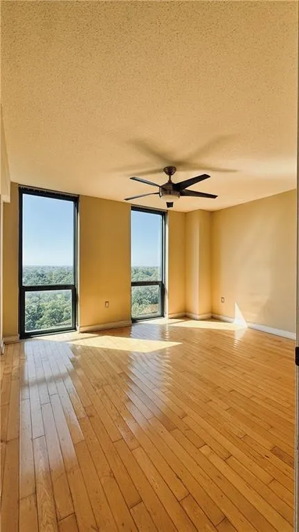 Unfurnished room with a textured ceiling, light wood-style flooring, a wall of windows, and a ceiling fan
