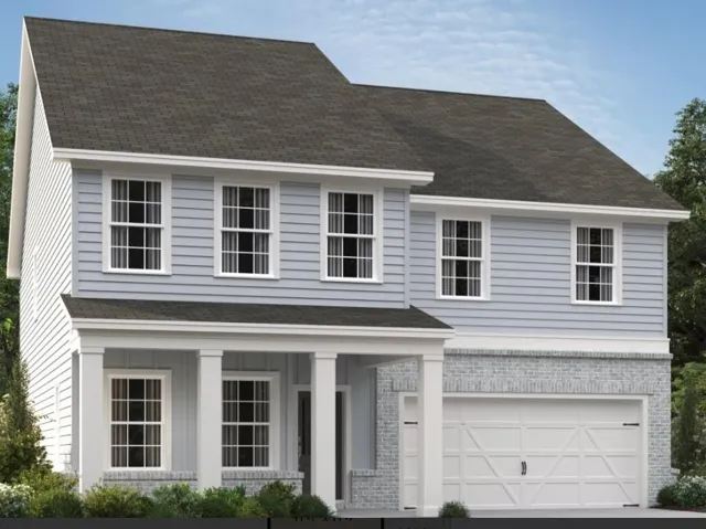 Two-story residence featuring light blue siding, a covered porch with white columns, a two-car garage, and a light gray brick foundation
