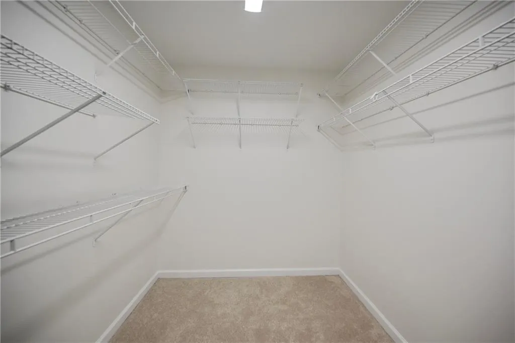 Walk in closet with light colored carpet
