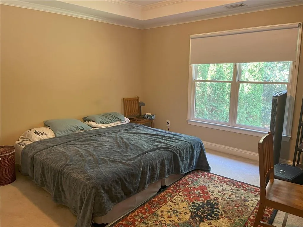 Bedroom with ornamental molding, carpet, and a raised ceiling