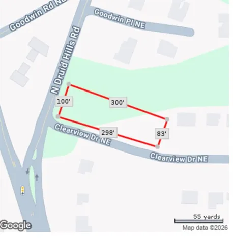 Property Map. Displaying the boundaries and dimensions of the property, including street names and a scale indicator