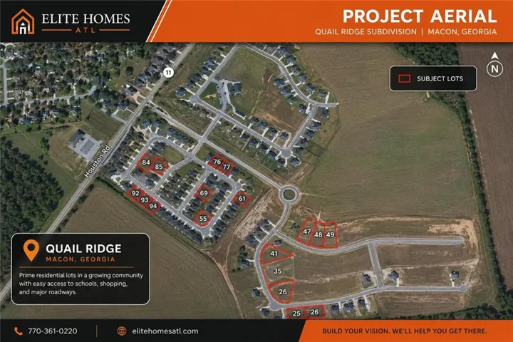 Project Aerial, Quail Ridge Subdivision. An aerial depiction of the property, indicating specific lot numbers and surrounding infrastructure