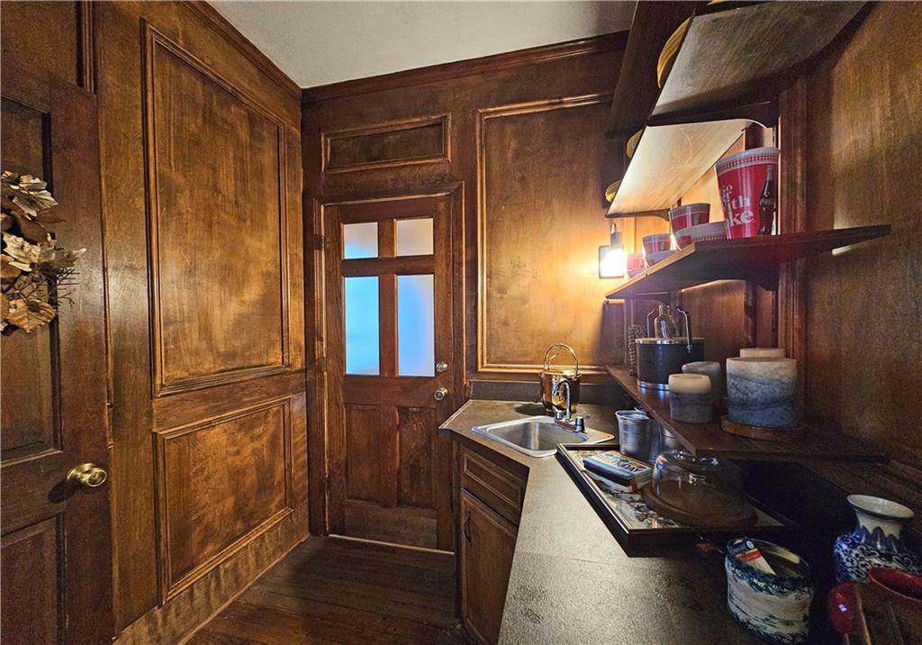 Foyer with sink, dark wood-type flooring, and wooden walls