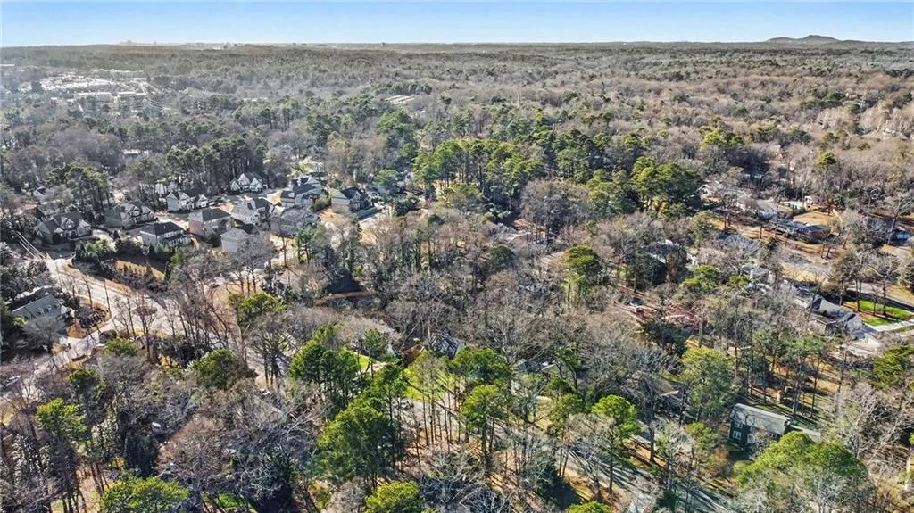 Aerial perspective of suburban area featuring a forest