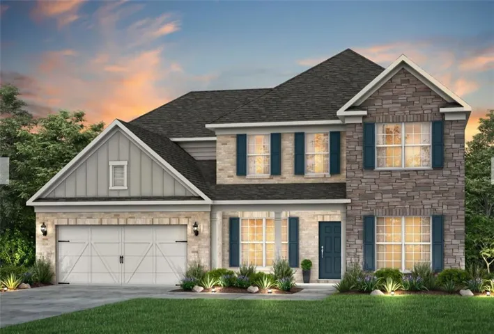 Stone and siding exterior with dark shutters, featuring an attached two-car garage and a covered entry