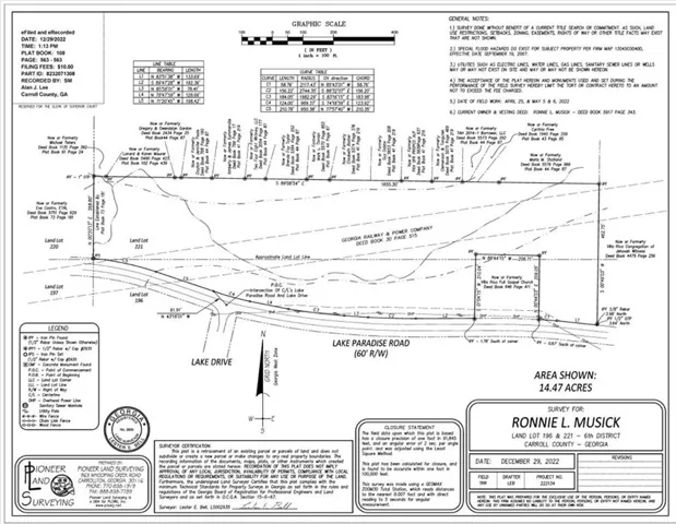 Grading Plan. Cross-sectional profile and site layout for the property at Lake Paradise Road, depicting topography, drainage patterns, utility locations, and proposed grading modifications