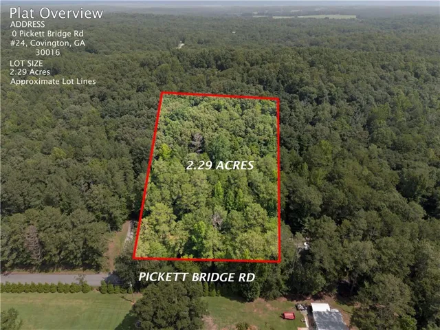2.29-acre wooded lot outlined in red, featuring direct frontage on Pickett Bridge Road