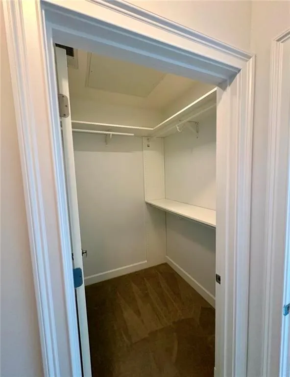 Walk-in closet featuring carpet flooring, built-in shelving, and hanging rods