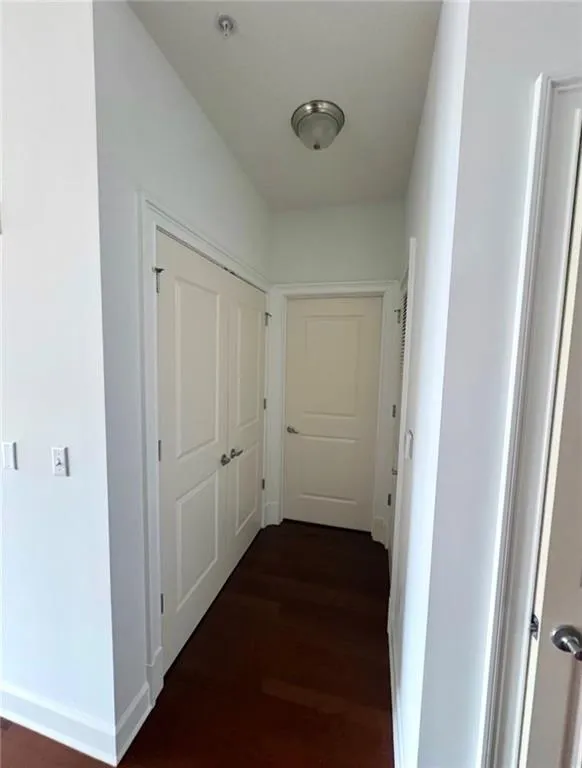 Rich wood-finish flooring, white paneled doors, and a flush mount ceiling light fixture