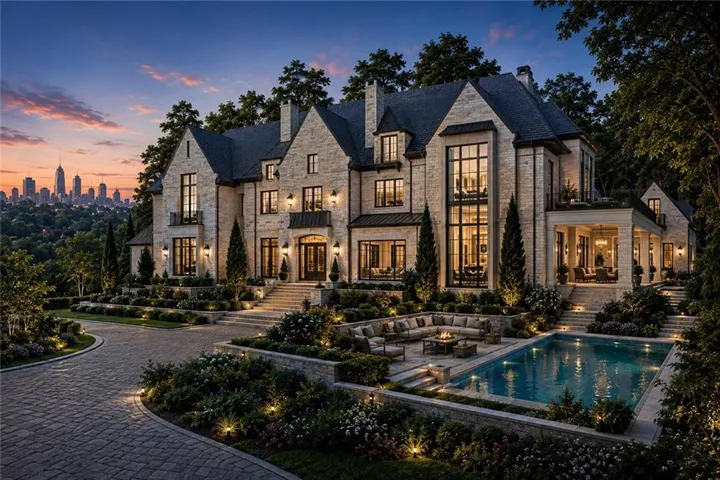 Stone exterior with prominent gables and large windows