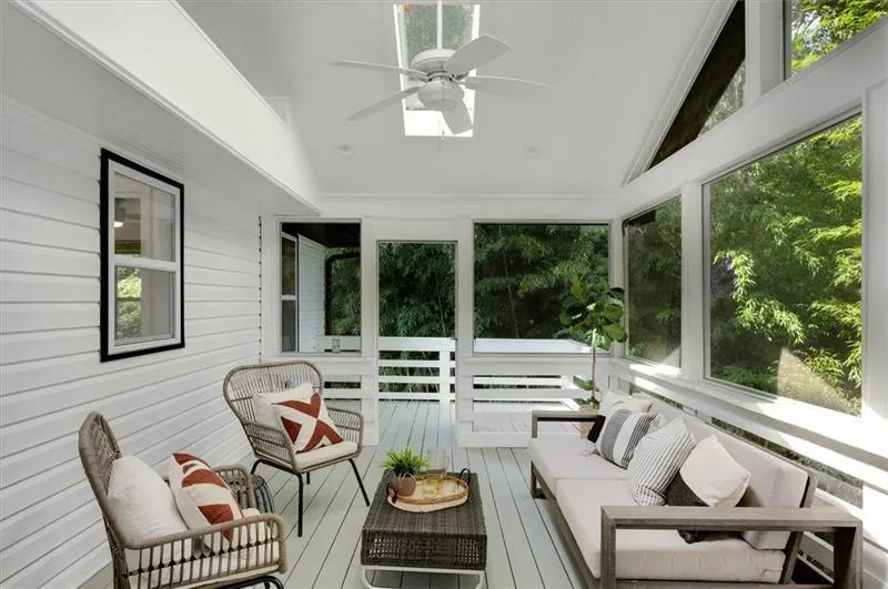 Screened in patio with skylights, with serene views