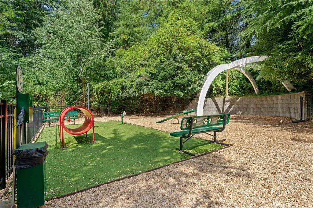 View of jungle gym featuring a dog friendly area