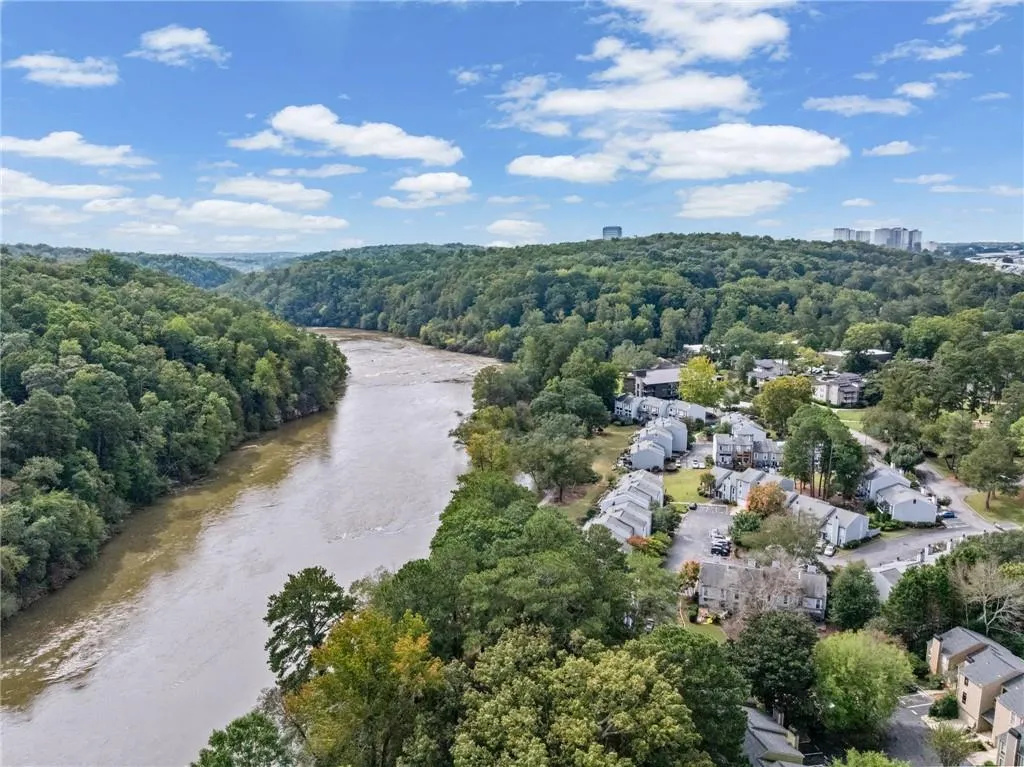 Drone / aerial view of a forest and a large body of water
