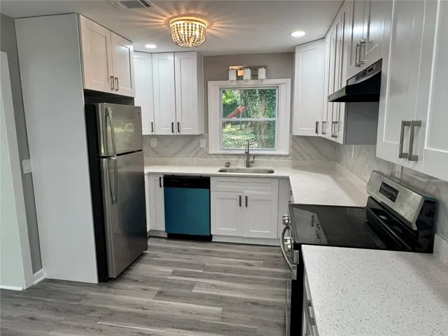 All new Cabinets, appliances, counter tops, fixtures and lighting.