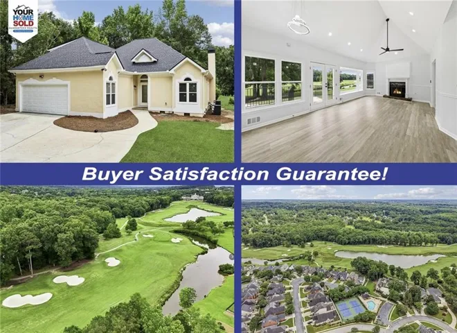 Marketing Collateral. Displaying property exterior, interior, surrounding landscape, and a "Buyer Satisfaction Guarantee" banner