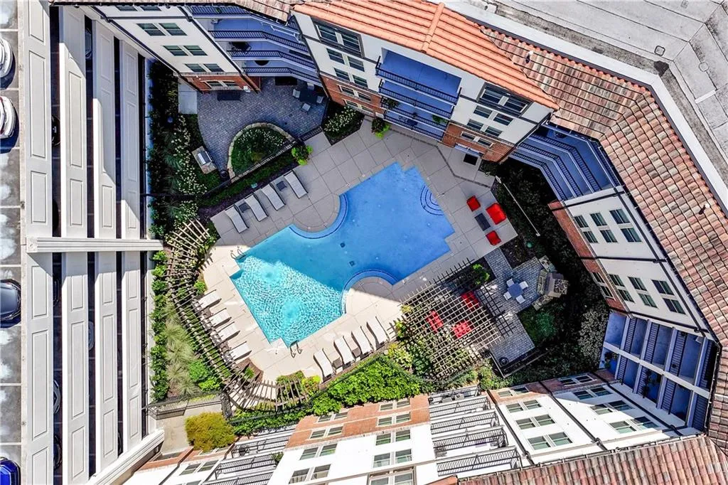 Drone / aerial view of a pool