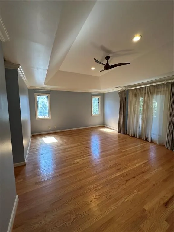 Unfurnished room with wood finished floors, a healthy amount of sunlight, baseboards, and a raised ceiling