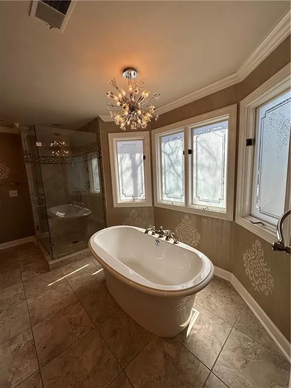 Bathroom with visible vents, a stall shower, a freestanding bath, crown molding, and a chandelier