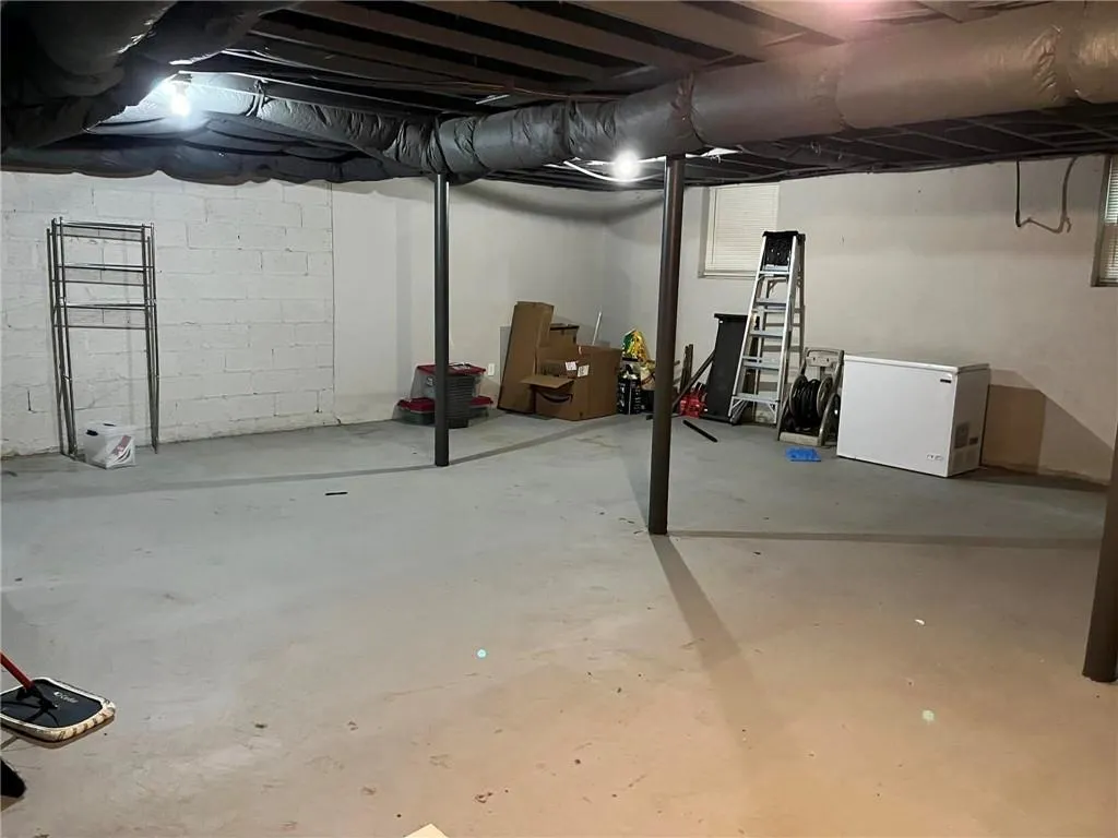 Basement featuring fridge