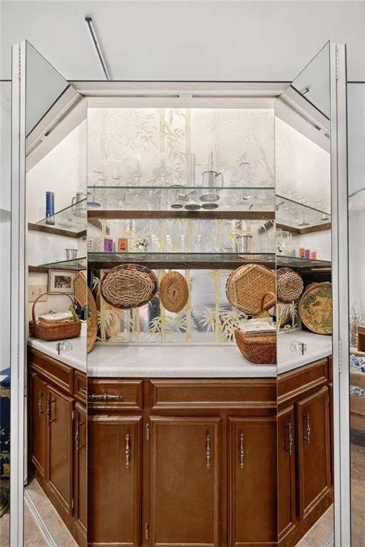 Very cool and retro wet bar in the living room.