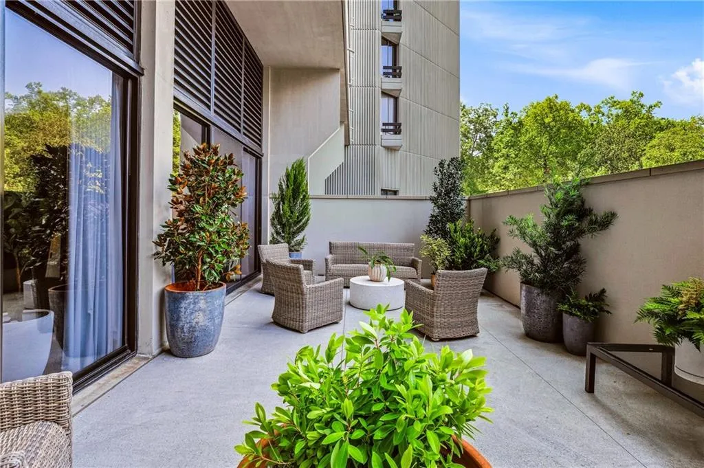 Expansive private patio featuring a concrete surface, a privacy wall, and mature potted greenery