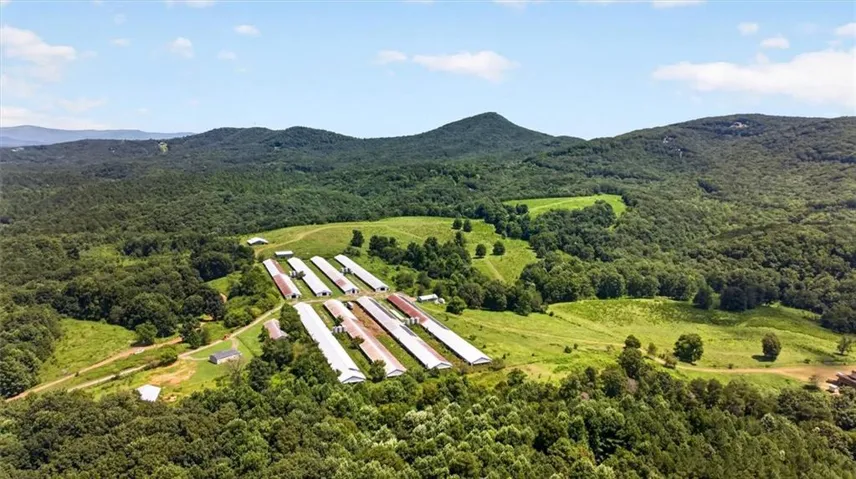Expansive property featuring multiple agricultural structures, surrounded by wooded hillsides and open fields
