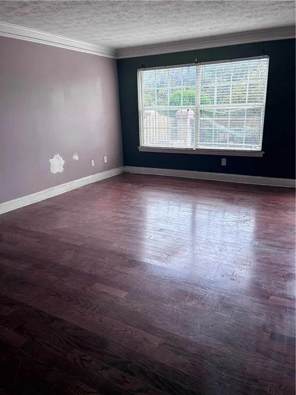 Living room featuring ornamental molding, dark wood-style flooring, and a textured ceiling