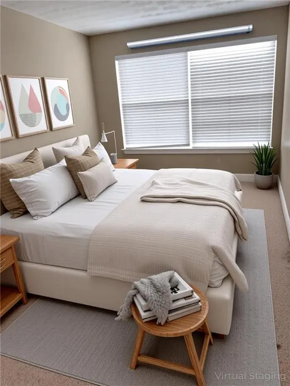 VIRTUALLY STAGED: Bedroom 1 featuring light colored carpet and baseboards