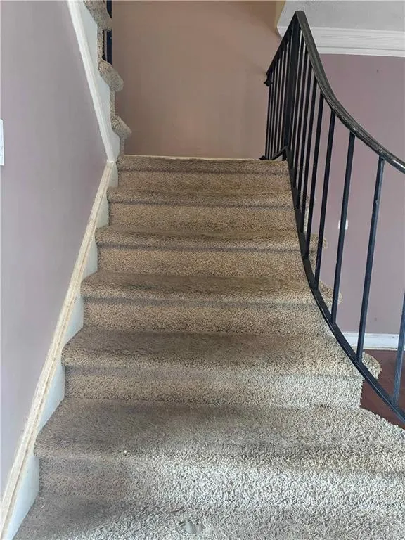 Stairway to upper level with carpet