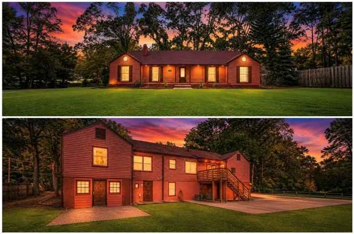 Property Exterior. Front and rear elevations of the property at dusk