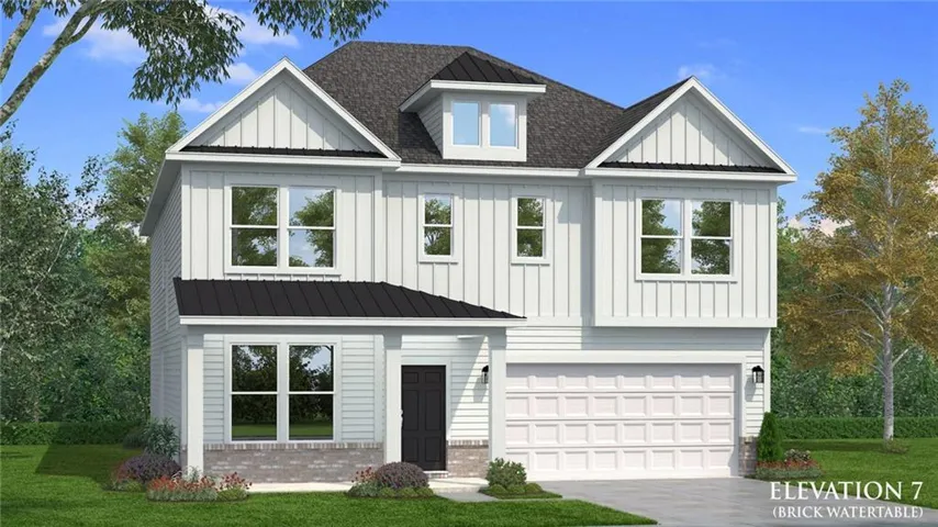 Two-story exterior with board and batten siding, horizontal siding, black metal roof accents, and an integrated two-car garage