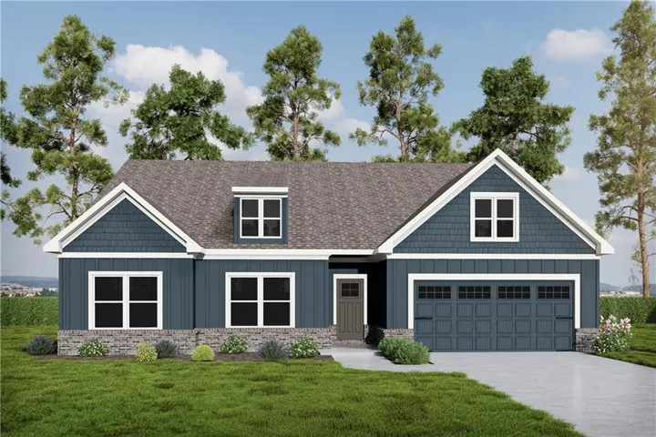 Single-story residence featuring a shingle roof, blue siding, stone facade accents, white window trim, and a two-car garage