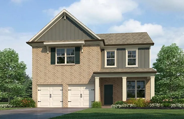Brick and vertical siding exterior with gabled roofline