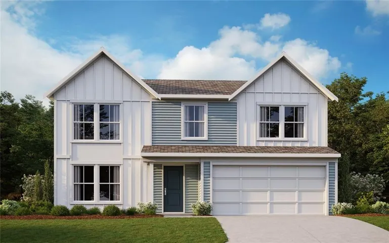 Two-story residence featuring a two-car garage with a panel door, a dark-paneled entry door, a mix of vertical board and batten siding, and horizontal lap siding