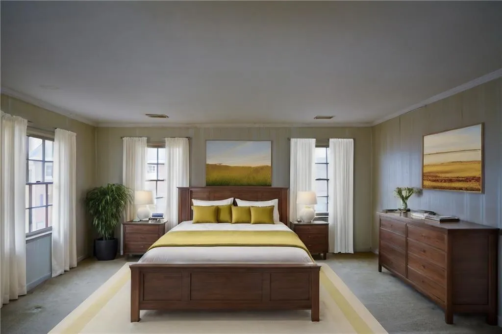 Bedroom featuring light colored carpet and crown molding