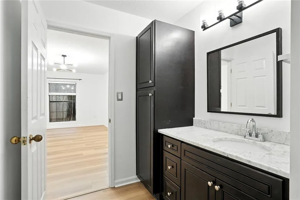 Bathroom featuring wood finished floors and vanity