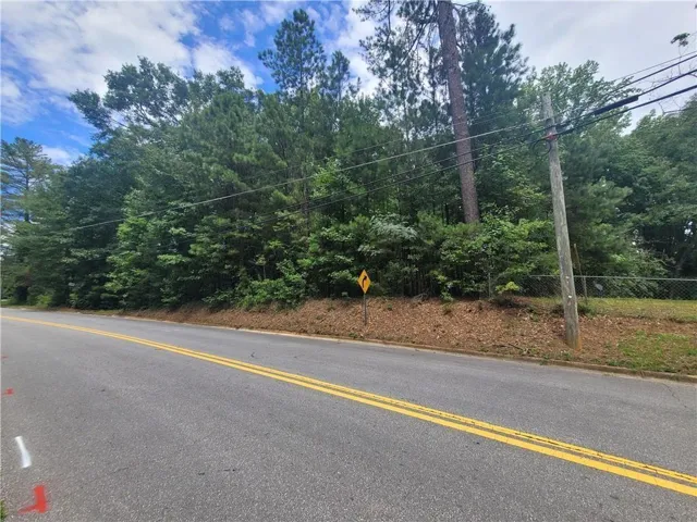 Wooded lot featuring mature trees, a natural landscape, and a paved road frontage with double yellow lines