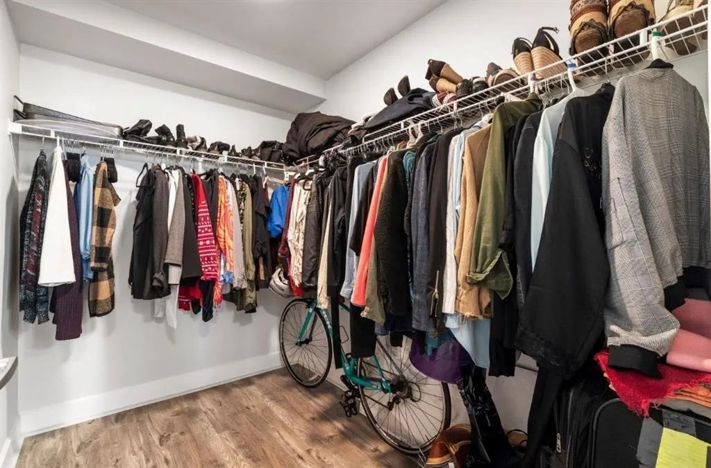 Walk in closet with wood finished floors