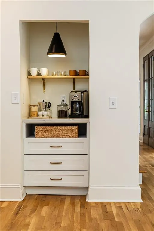 Coffee station in kitchen with extra storage drawers