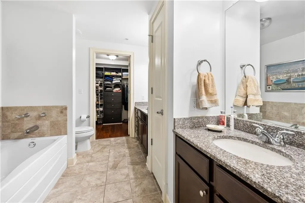 Bathroom with vanity, a bath, a spacious closet, and toilet