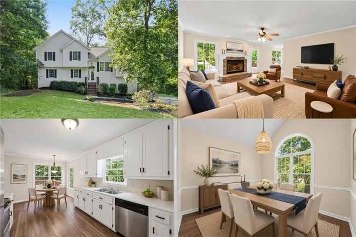 Property Photograph Montage. Displaying the exterior, living area, kitchen, and dining area of the property