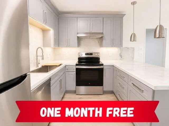 U-shaped kitchen with light gray cabinetry, stainless steel appliances, white countertops, and wood-finish flooring