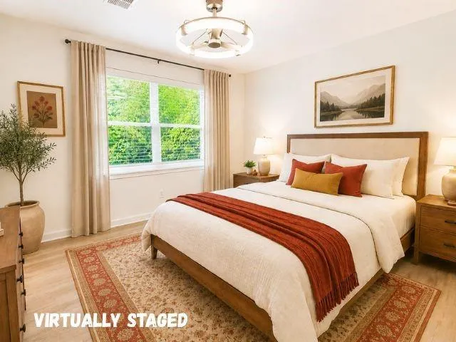 Hardwood-finish flooring, recessed lighting, ceiling fan, and a large window with blinds
