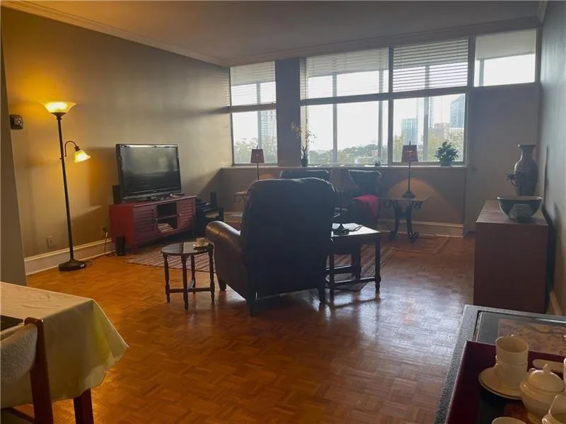 Living Room - Living room city views and oak parquet flooring