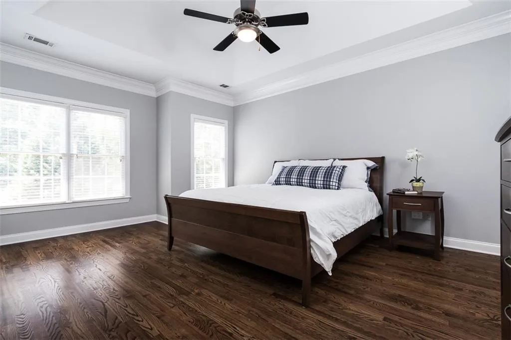 Master bedroom at the front of the home... very quiet and private (no neighbors across). 2 secondary bedrooms on the upper level.